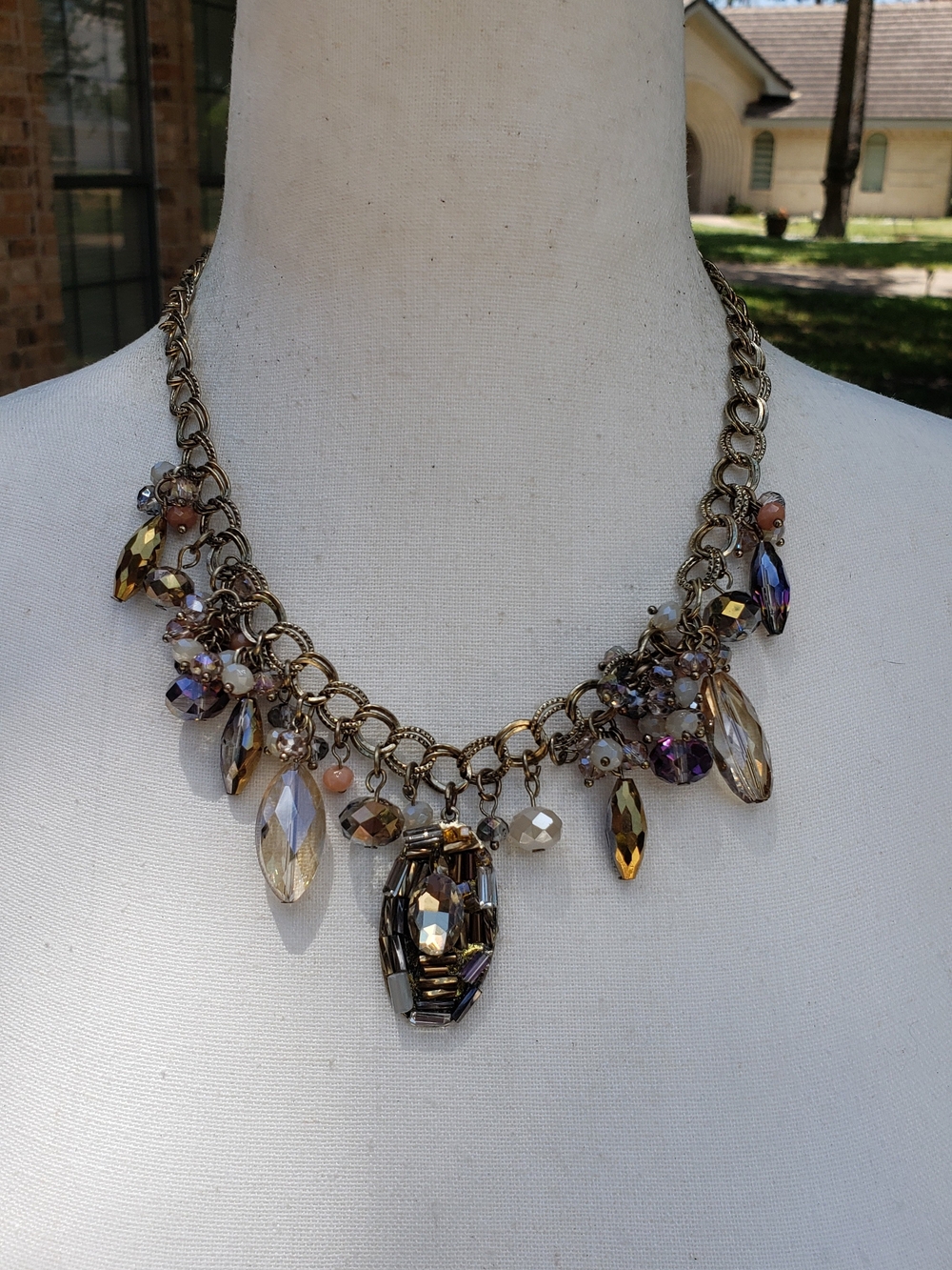 Gold-tone Crystal Cluster Statement Necklace